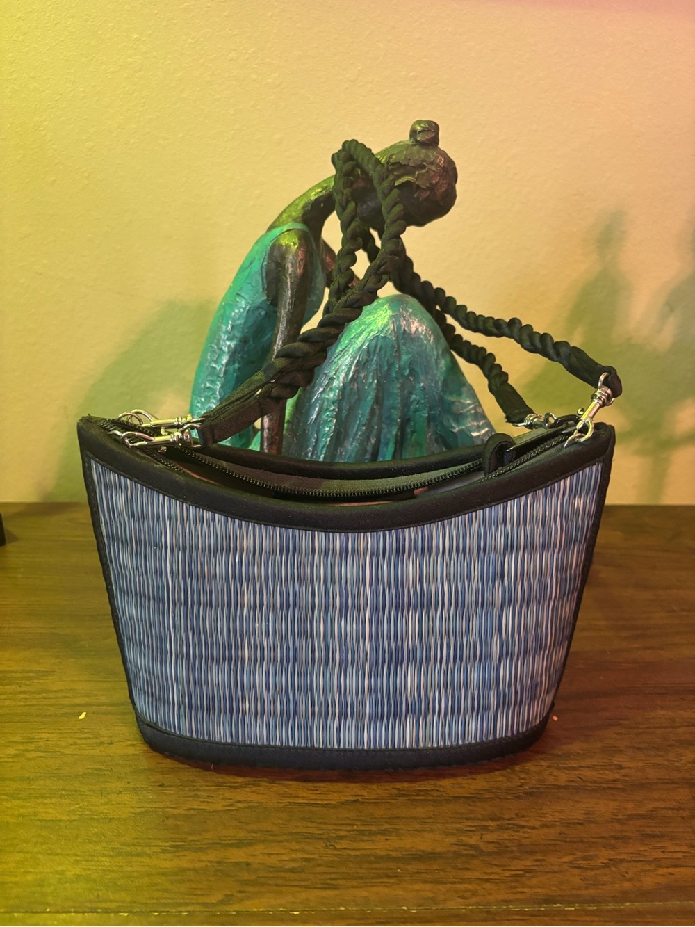 Blue Patterned Shoulder Bag with Braided Strap